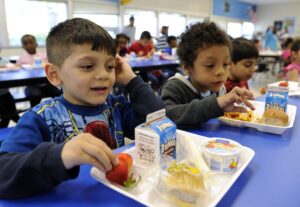 Kids enjoying lunch at school cafeteria