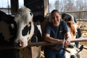 Blonde girl with cows